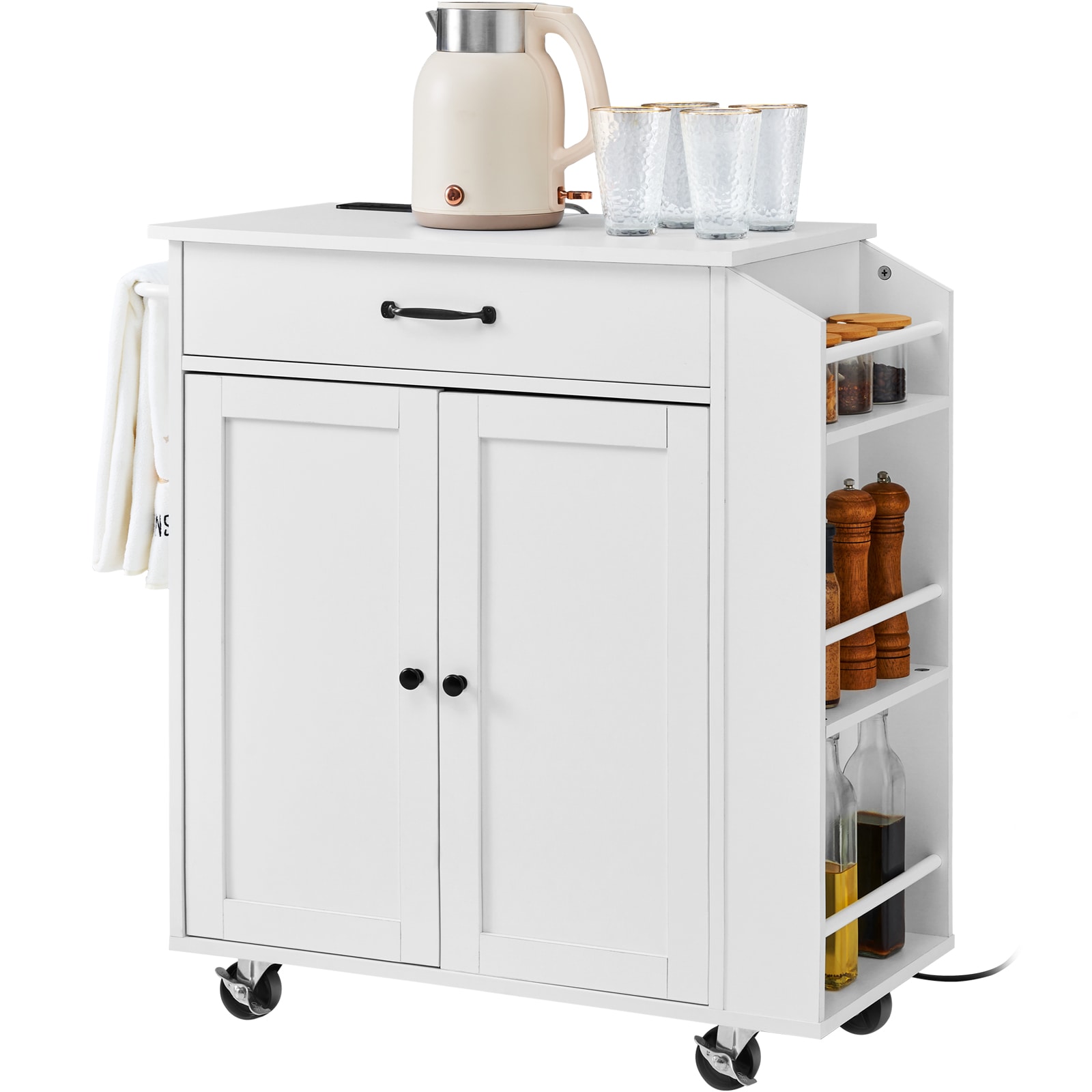 Kitchen Island Cart Rolling Storage Cabinet On Wheel With Charging Station_voghion.com